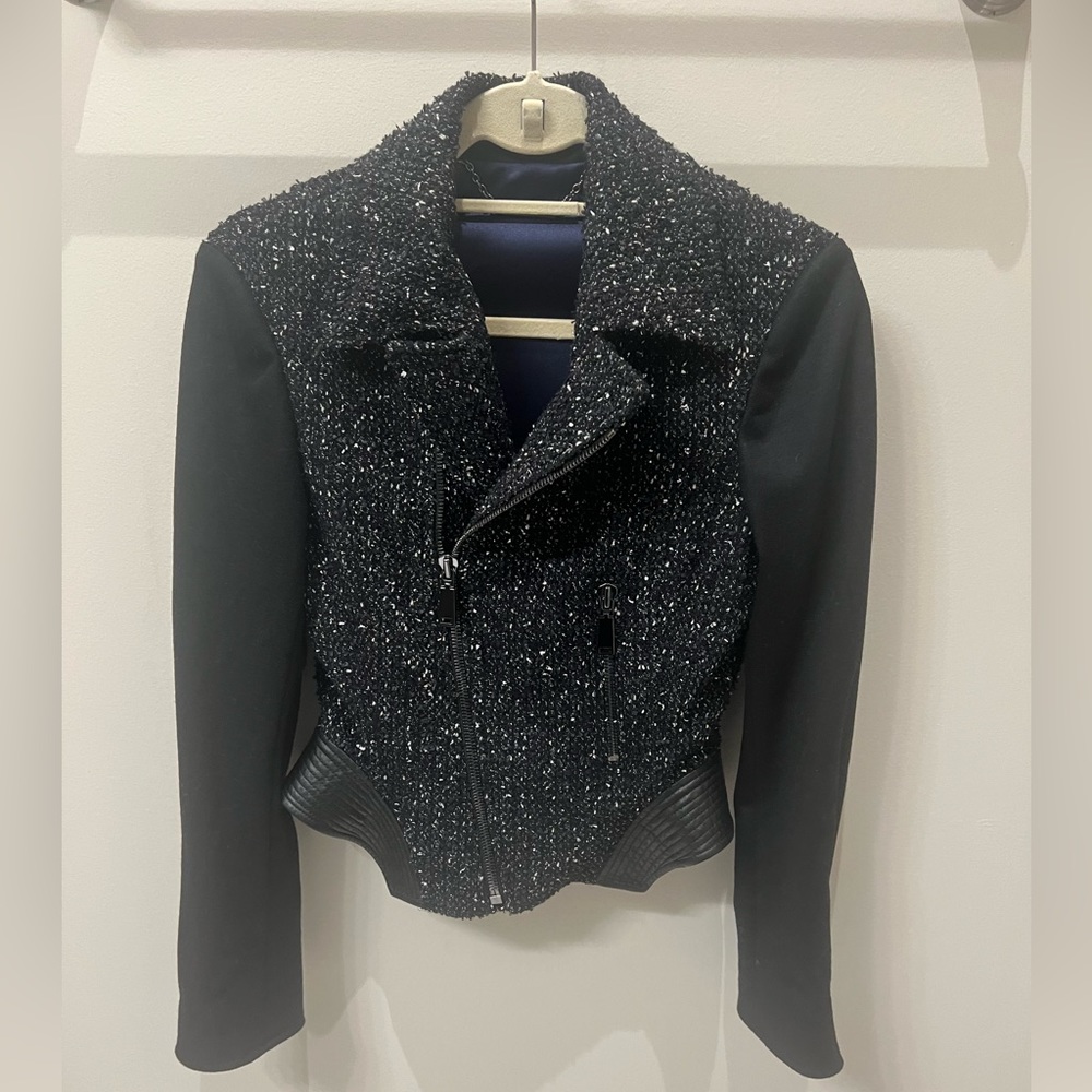 Elie Tahari Wool/Tweed w/ Leather Trim Moto Biker Jacket in Black/White, Size 2
